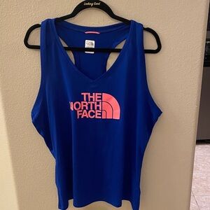 The North Face Women's Tank Top in Blue with Pink Orange Neon Logo